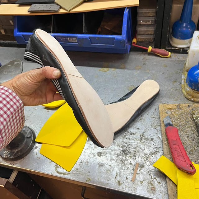 the start of a 4mm full leather sole replacement